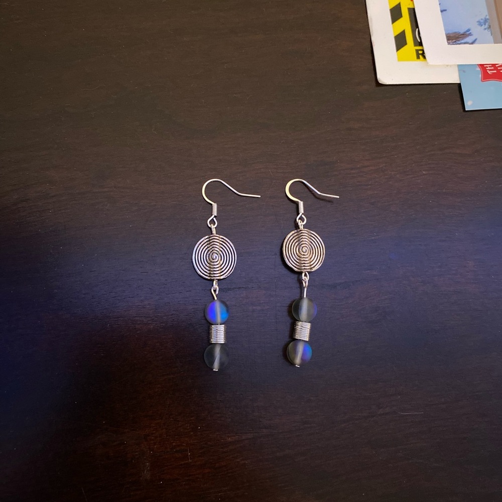 Spiral Silver and Blue Beaded Earrings - Picture 3 of 3